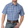 Wrangler Blue Plaid Winkle Resistant Short Sleeve Shirt