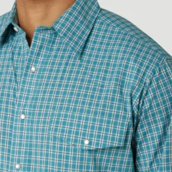 Men's Wrangler Teal Plaid Wrinkle Resist Long Sleeve Shirt -Cheap Dusty Wear Store mwr429q2